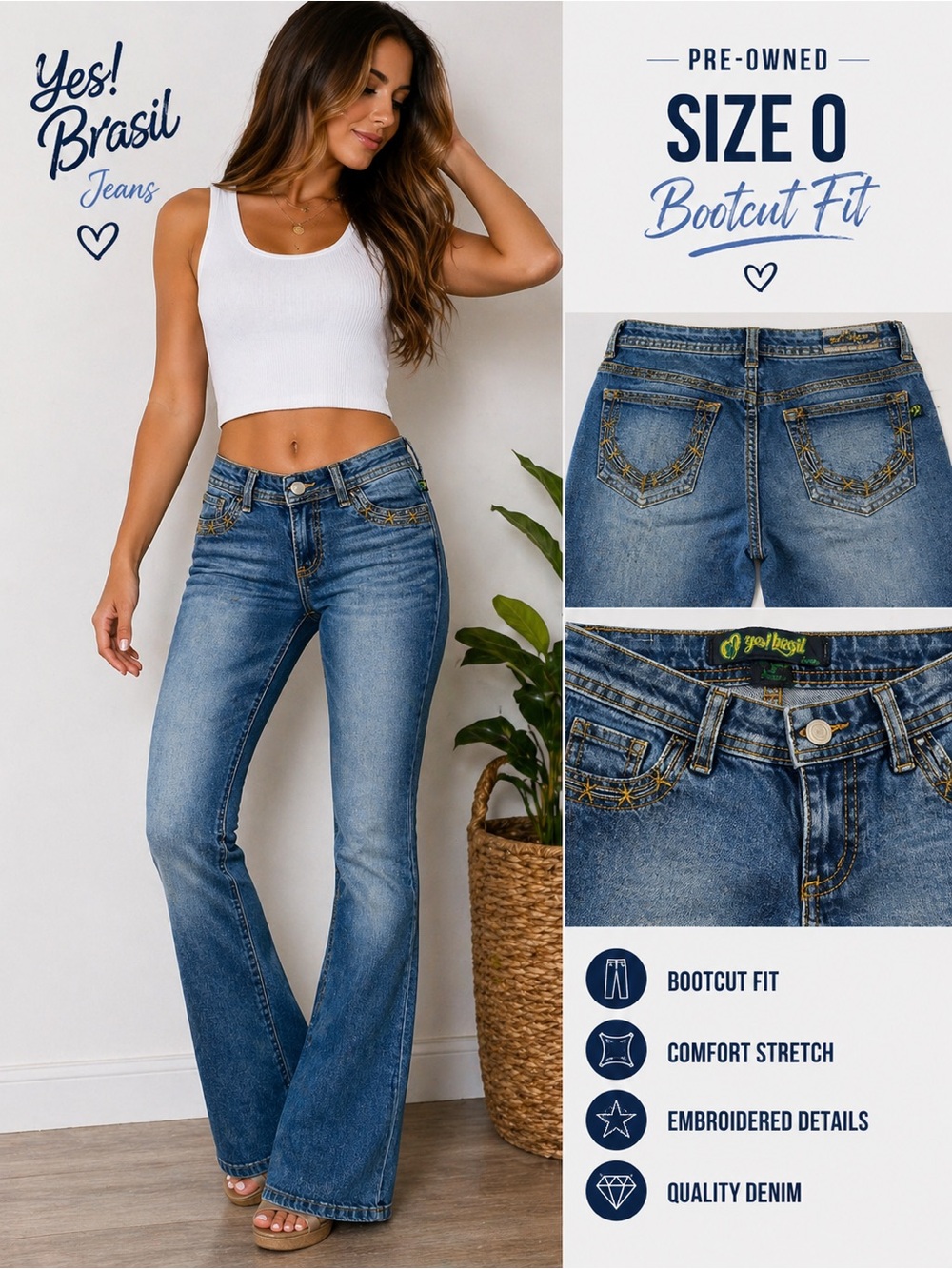 👖Yes! Brasil Jeans Bootcut Size 0 Low Rise Stretch Denim Embroidered Detail